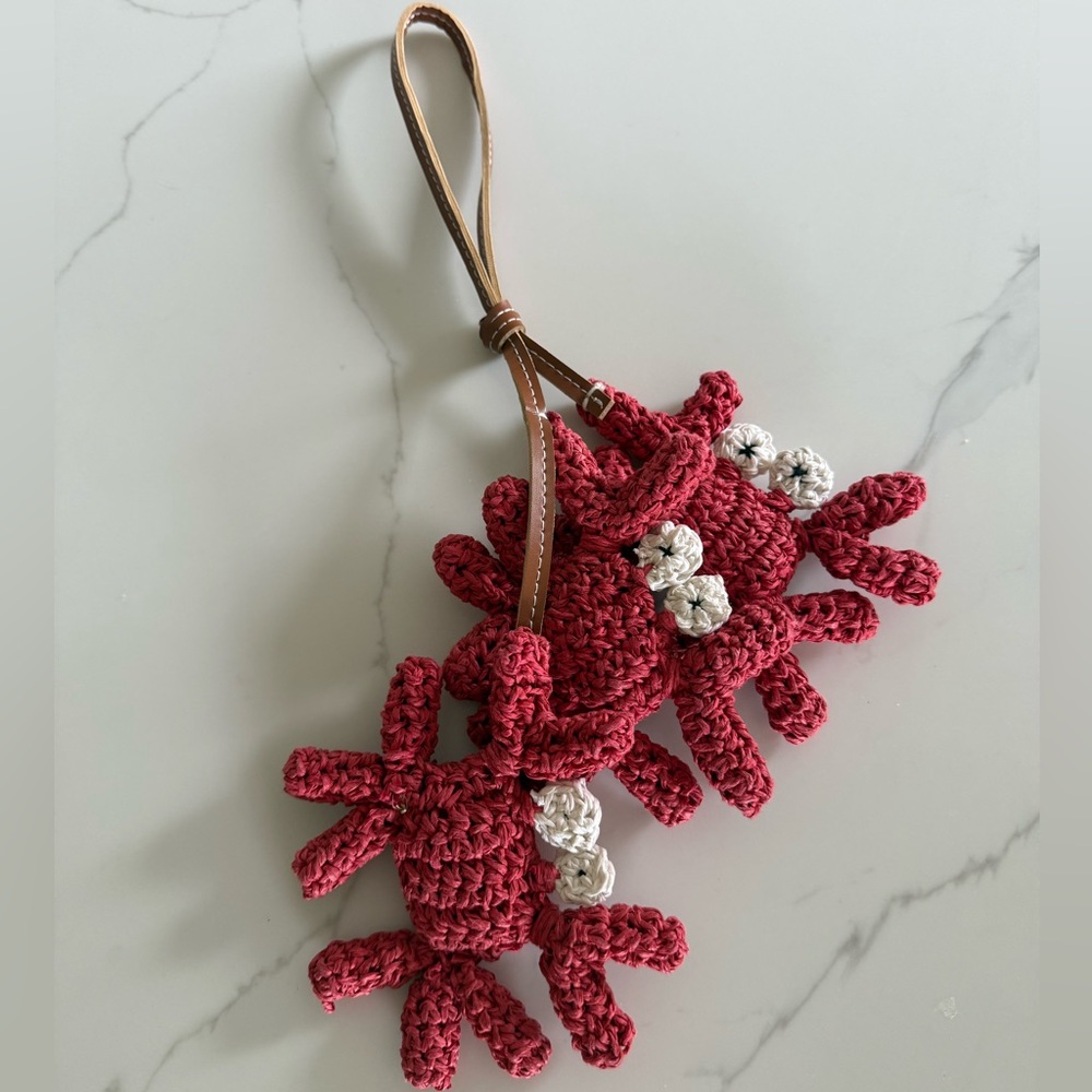Free People Red Crochet Crab Keychain Wristlet with Cream Accents